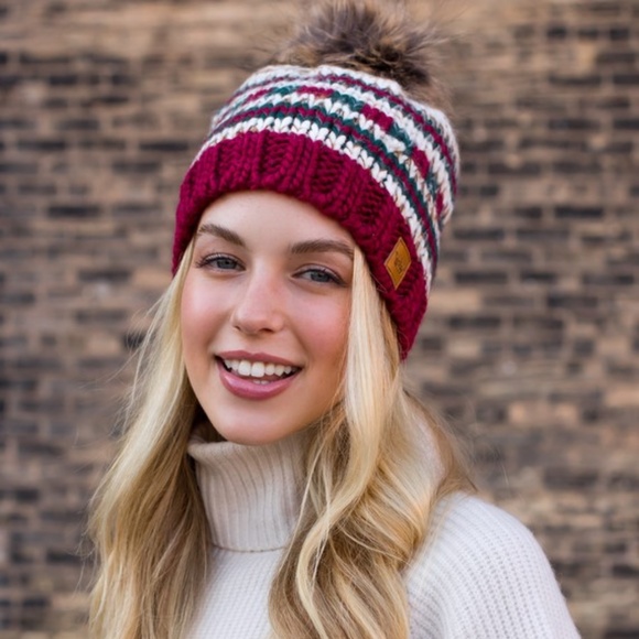 Multi Colored Holiday Beige Red Green Knit Faux Fur Pompom Beanie Winter Hat - Picture 2 of 5